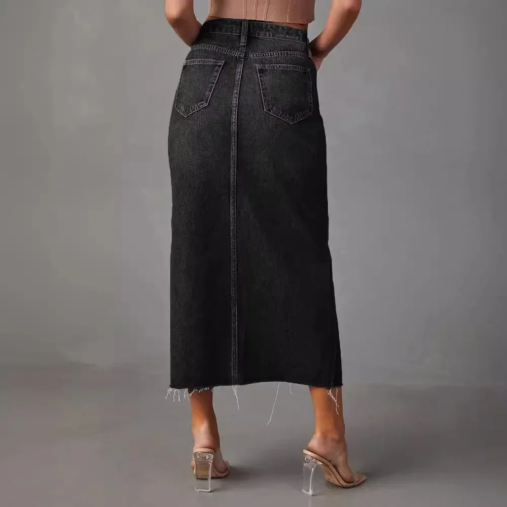 Women Streetwear Denim Skirt Split Hem High Waist Button Pockets Distressed Washed Long Skirts Casual Female Vintage A Line