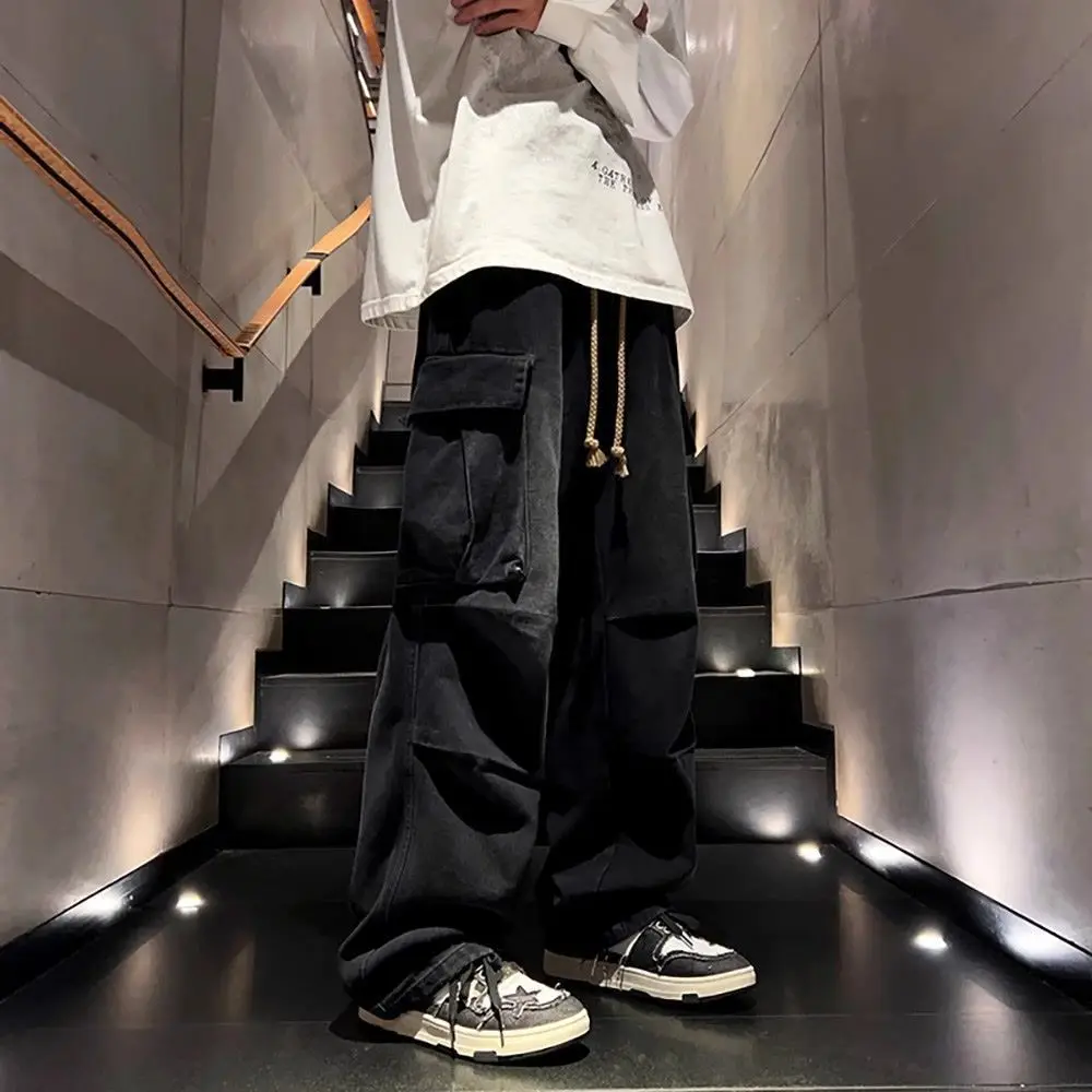 High Street hip-hop ผู้ชายและผู้หญิงอินเทรนด์บุคลิกภาพกระเป๋าขนาดใหญ่ขาตรงล้างกางเกงยีนส์คู่ Retro Casual กางเกง y2k
