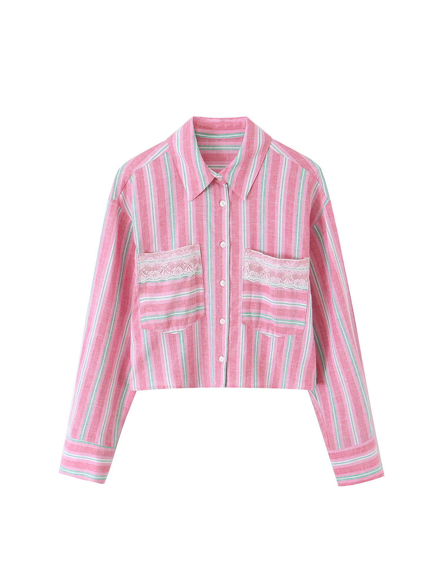 

Women Pink Striped Blouses and Shirts Lace Patchwork Long Sleeve Short Blouse Y2k Polo-Neck Shirt Clothes for Women Summer 2026