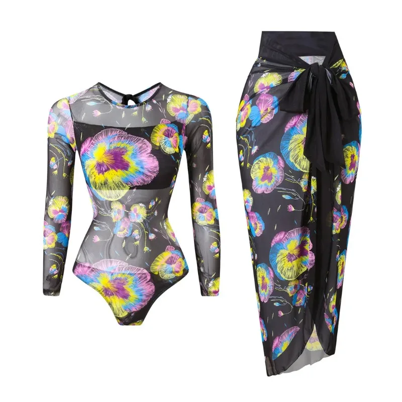 Vintage Print 2 Piece Swimsuit Women's Long Sleeve O Neck One Piece Swimsuit Bandage Cover Up Maxi Skirt Bathing Suit Beachwear