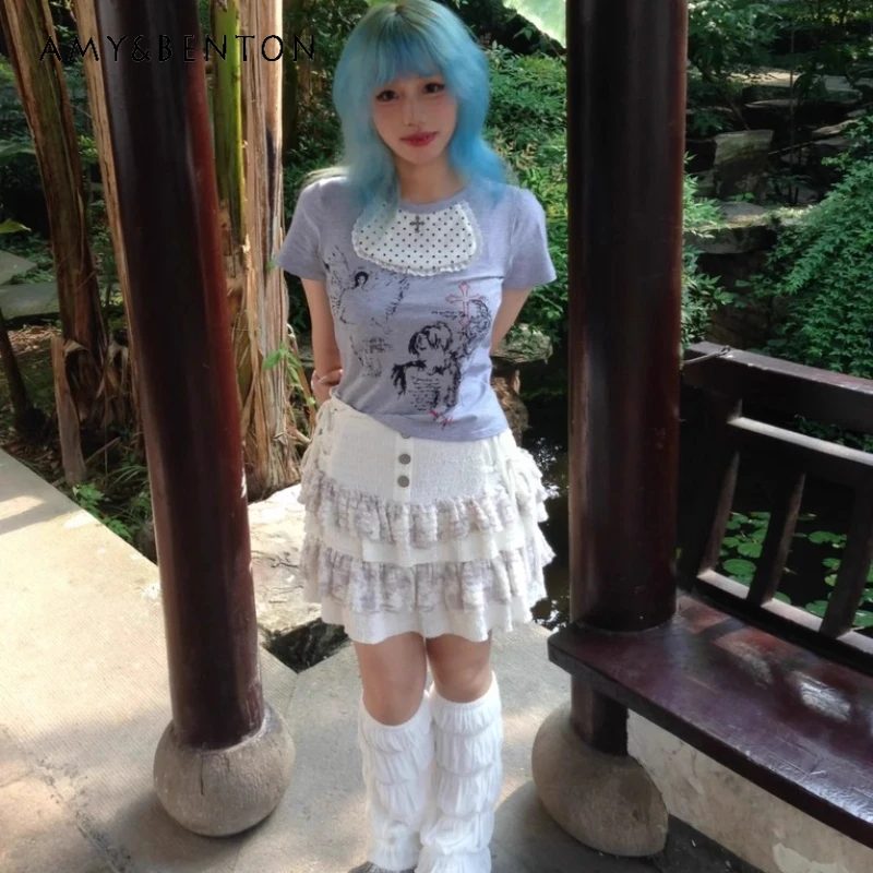 

Серый японский дизайн Y2K, утягивающая женская футболка с мультяшным принтом, новинка 2025, субкультура, женские футболки с короткими рукавами в горошек в стиле панк