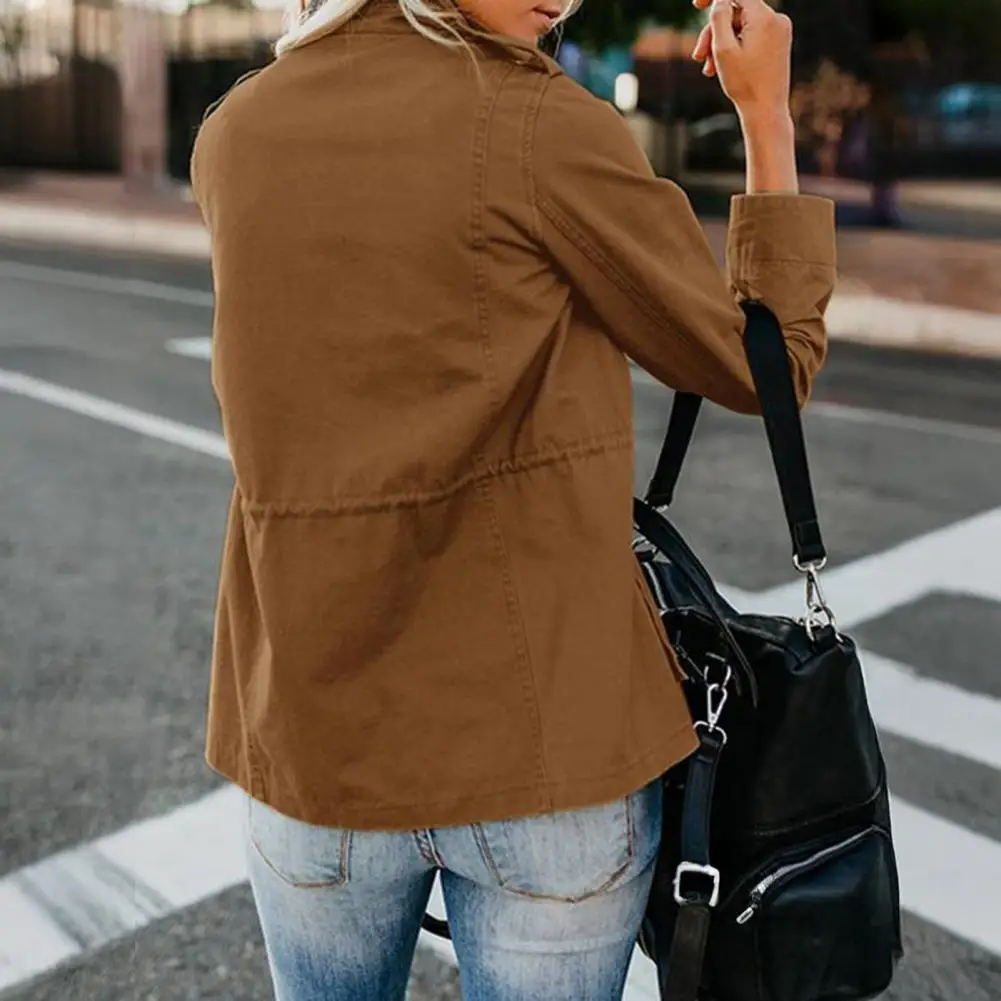 

Winter Slim Fit Fashionable Jacket Pure Color Zipper Multi-Pocket Classic Retro Outerwear for Women Full Sleeve Flip Collar Coat