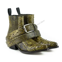 Green Snakeskin Print Pleated Design Pointed Toe Boots Fashion Slip On Men Shoes Luxury Handmade Party Banquet Men Dress Shoes