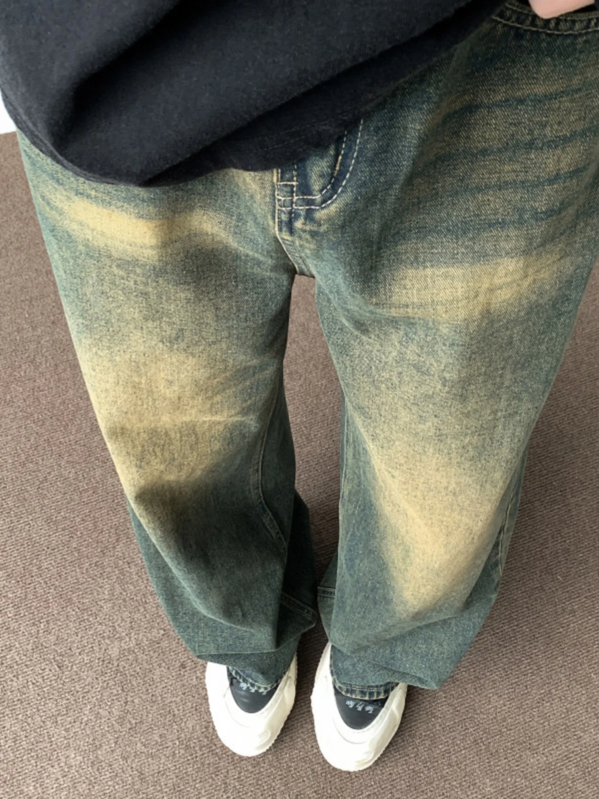 

Waed Vintage Wide Leg Men's Jeans Straight Cut Drapey American High Street Spring Autumn Long Trousers Floor-Length Micro F...