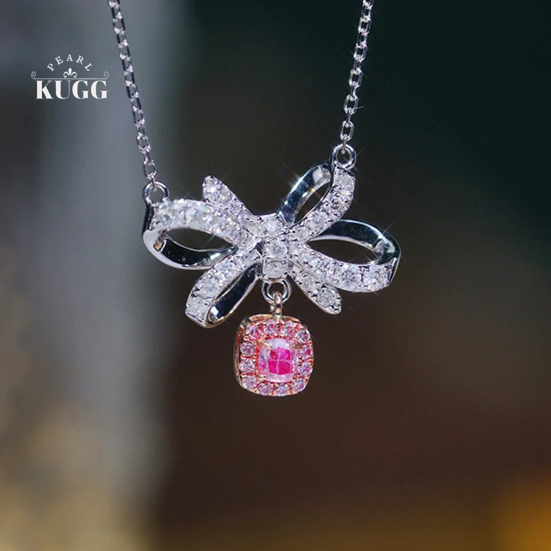 KUGG 100% 18K White Gold Necklace Elegant Bowkont Shape Real Natural Pink Diamond Pendant Necklace for Women Wedding Jewelry