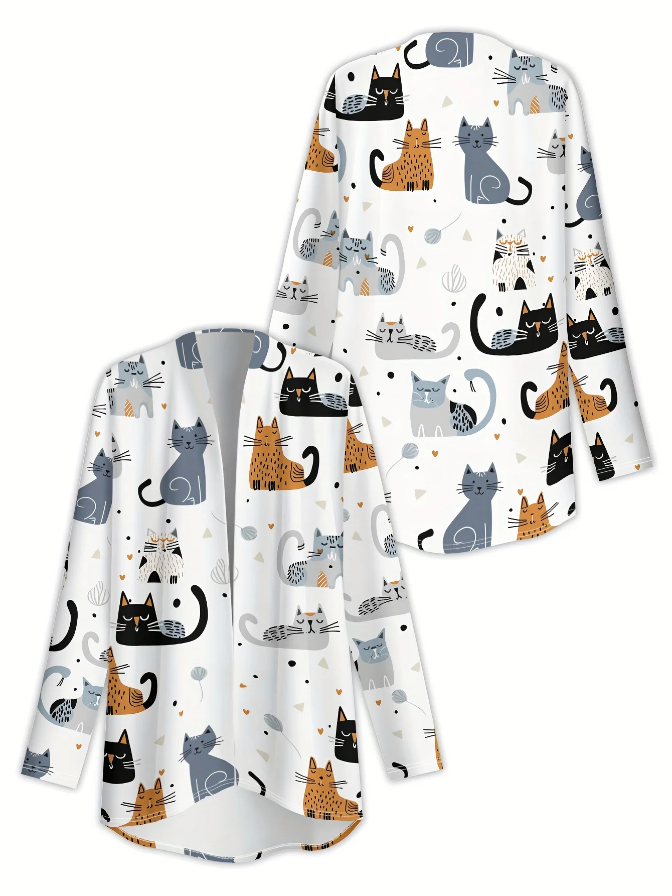 2025 Women's Cute Cat Printed Long Sleeve Cardigan, Polyester Open Front, Lightweight Cover Up, Spring Autumn Casual Coat