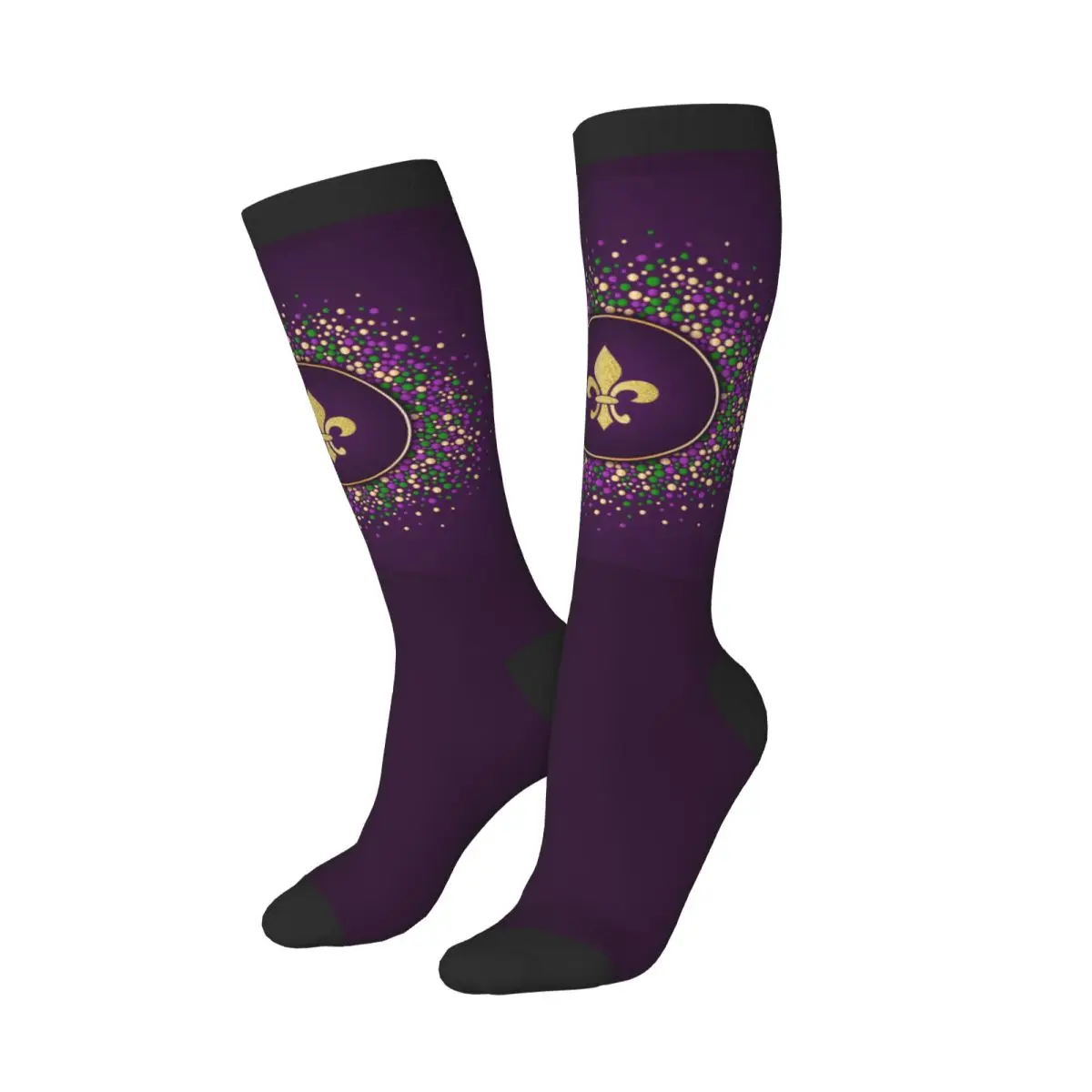 Knee Long Stocking Mardi Gras Dotted Frame With Golden Fleur De Lis Adult Socks Stockings