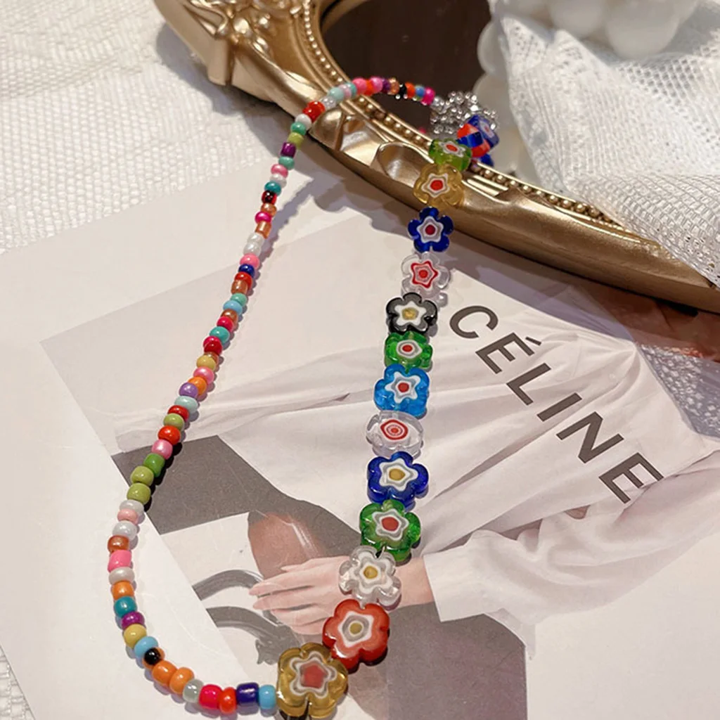 1PCS Colorful Glass Flower Necklace Beaded Neck Chain Unique Design Versatile Flower Collar Chain Free Shipping