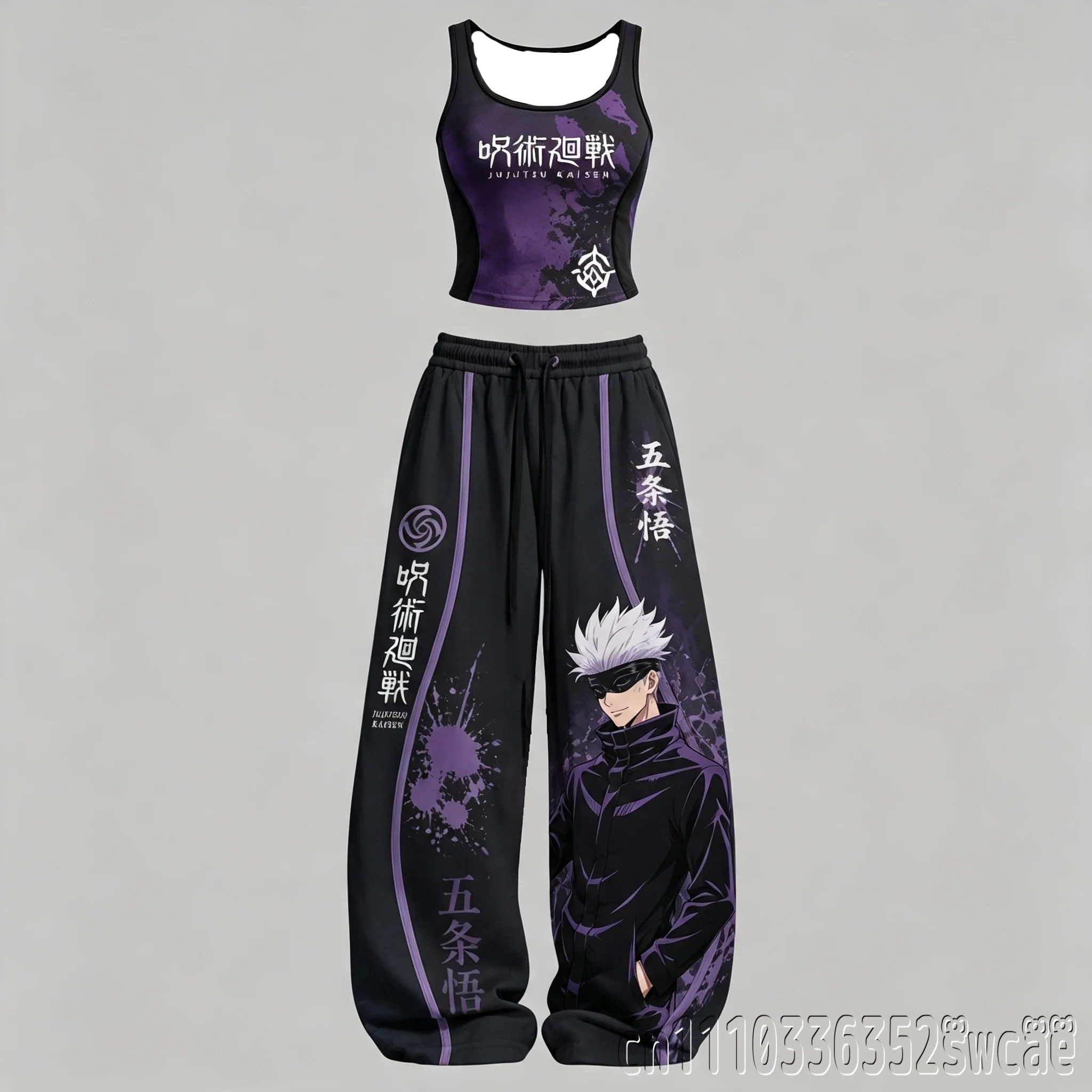 Jujutsu Kaisen Anime Character Top Wide Leg Pants Set Women Hot Girl Two Piece Outfit Casual Street Tracksuit Family Kids