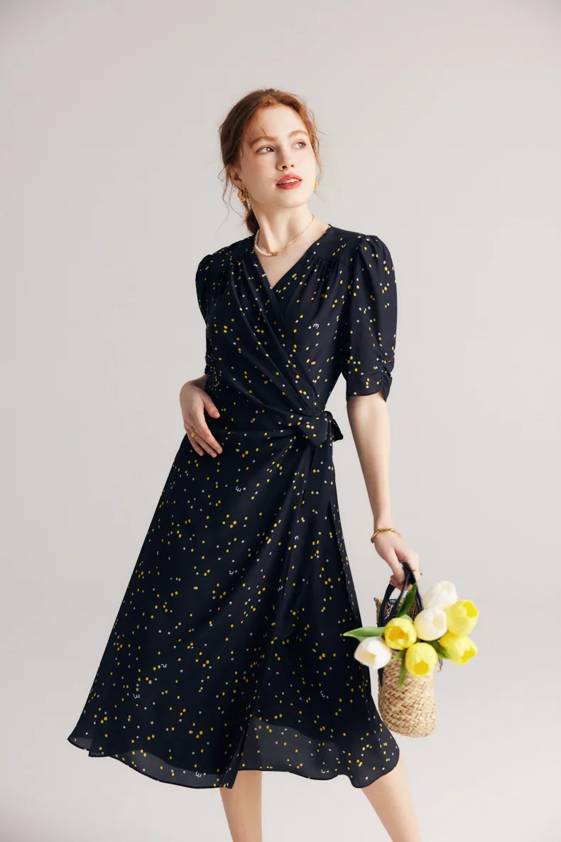 

Dot Tea Break 100% Silk Women's Summer Dress Wrapped Waist Elegant Gown Commuting Mulberry Silk Dresses Woman Summer 2024 Trend