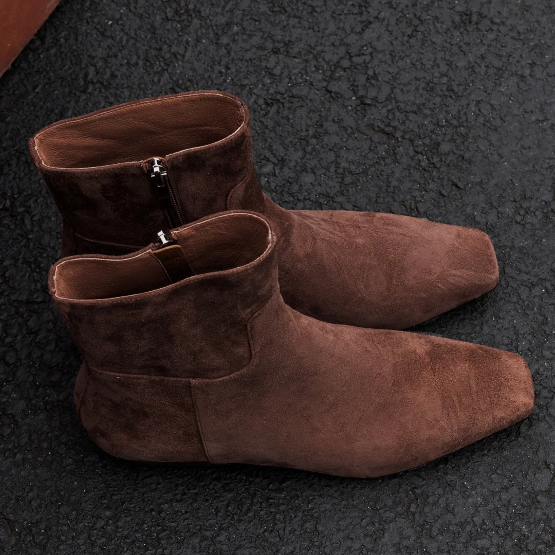 Botas femininas de couro genuíno com salto gatinho, bico quadrado, zíper lateral, outono, casual, alta qualidade, macio, confortável, botas curtas