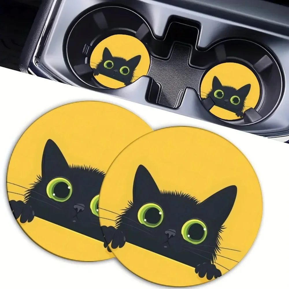 2-Piece Non-Slip Car Cup Holder, Yellow Black Cat Pattern Customized Bottle Drink Holder for Vehicle Interior