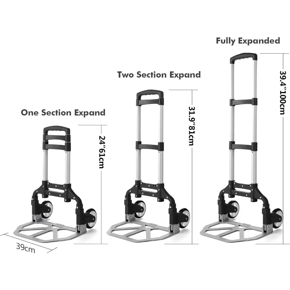 Folding Hand Truck,Sliver Aluminium Portable Folding Trolley With 3-Position Folding Pulley Handles