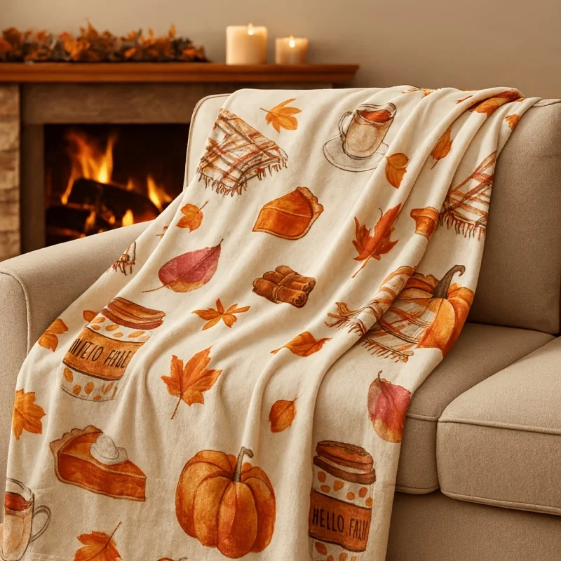 Watercolor Fall Harvest Throw Blanket,Maple Leaf Pumpkin Pie Coffee Cup Print Soft Warm Sofa Couch Cover,Cozy Autumn Blanket