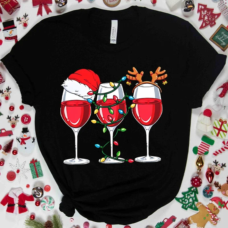 

Christmas Wine T Shirts for Women Clothing Funny Cartoon T-shirts Kawaii Fashion Tshirt Korean Female Tops Christmas Wine Tees