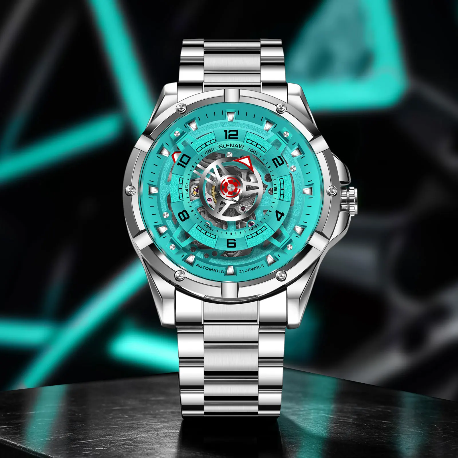 GLENAW Design New Wheel Frame Dial Mechanical Watch Men's Night Light Men Watch Waterproof Automatic Watch Stainless Steel Strap