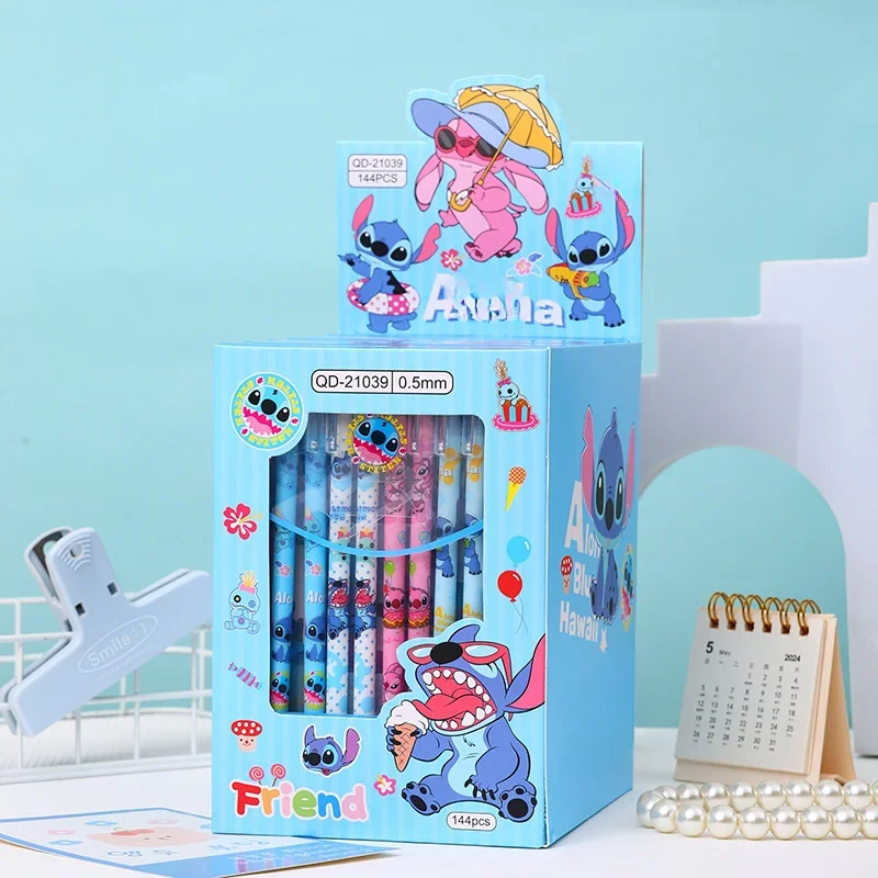 12pcs Cute Cartoon Stitch Erasable Pen Cartoon Cap Pull Pen Creative Student Stationery Black 0.5 Holiday Birthday Gift