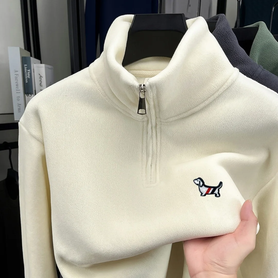 الخريف الشتاء الألمانية المخملية الرجال هوديس الوقوف طوق سستة الكلب التطريز البلوز عالية الجودة الدافئة موضة ملابس رجالية #2