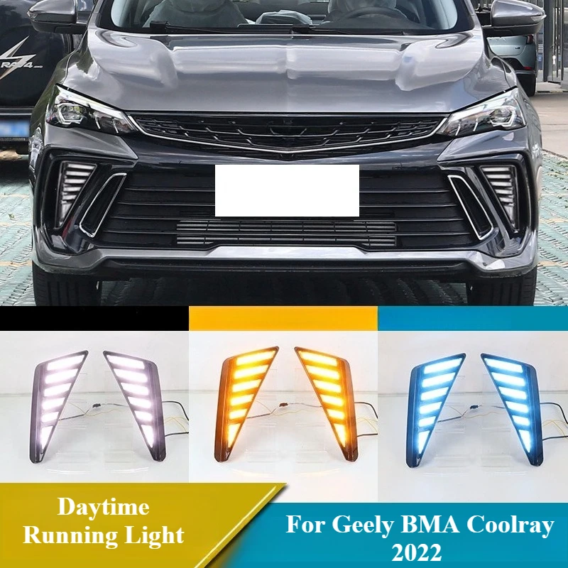

For Geely BMA Coolray 2022 2Pcs Led Daytime Running Light DRL Dynamic Turn Signal Front Bumper Fog Lamp Night Blue 12V Daylights