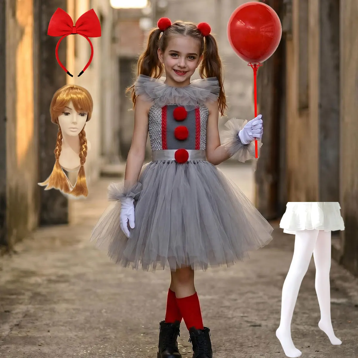 Weird Joker Grey Tutu Dress+Gloves+Hairpin+Bracelet Girls Cosplay Weirdo Creature Clown Costume Kids Halloween Pennywise Outfit