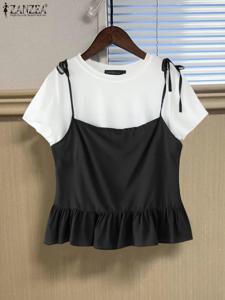 

ZANZEA Fashion Women Bandage T-Shirts 2025 Summer Tees Color Patchwork Casual T-shirts Loose Tunic Korean Tops Pleated Shirts