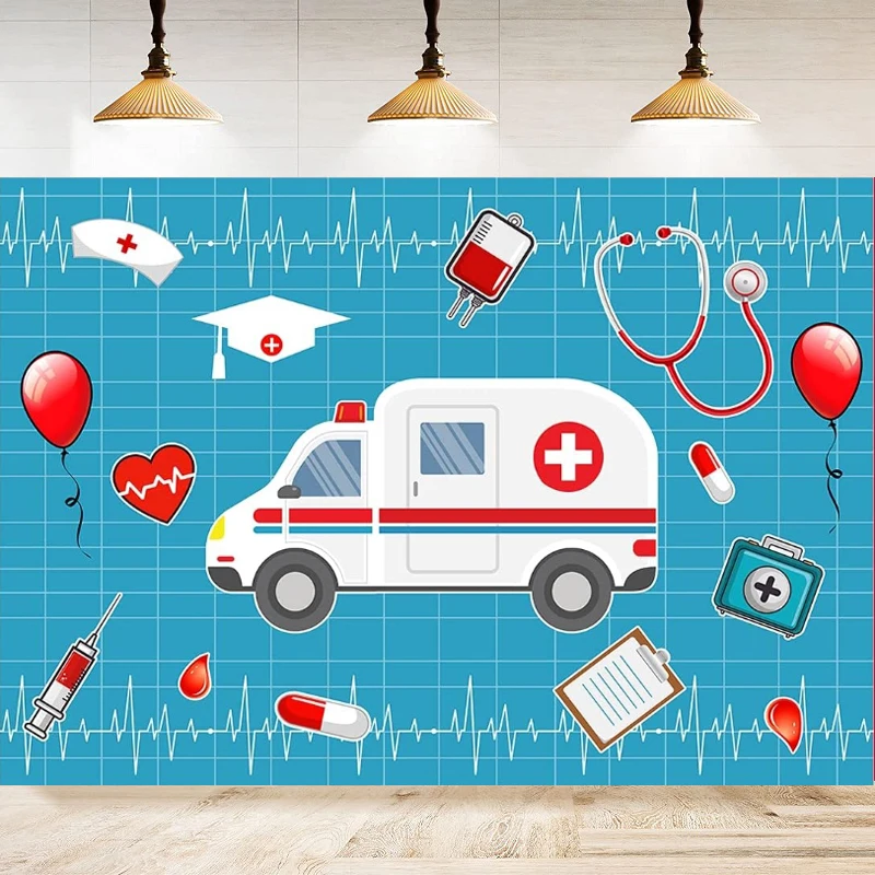 Doctor Nurses Theme Photography Backdrop Hospital Doctor Cartoon Ambulance Pill Hearing Aid Print Background Banner Decoration