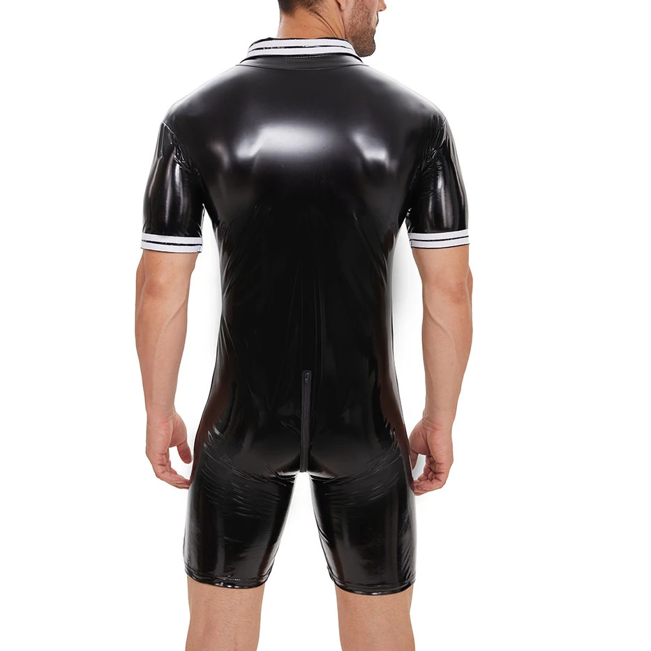 Mens Turn Down Collar Short Sleeve Leotards Sexy Zipper Shiny PVC Leather Bodysuits Slim One-pieces Shaping Bodycon Jumpsuits