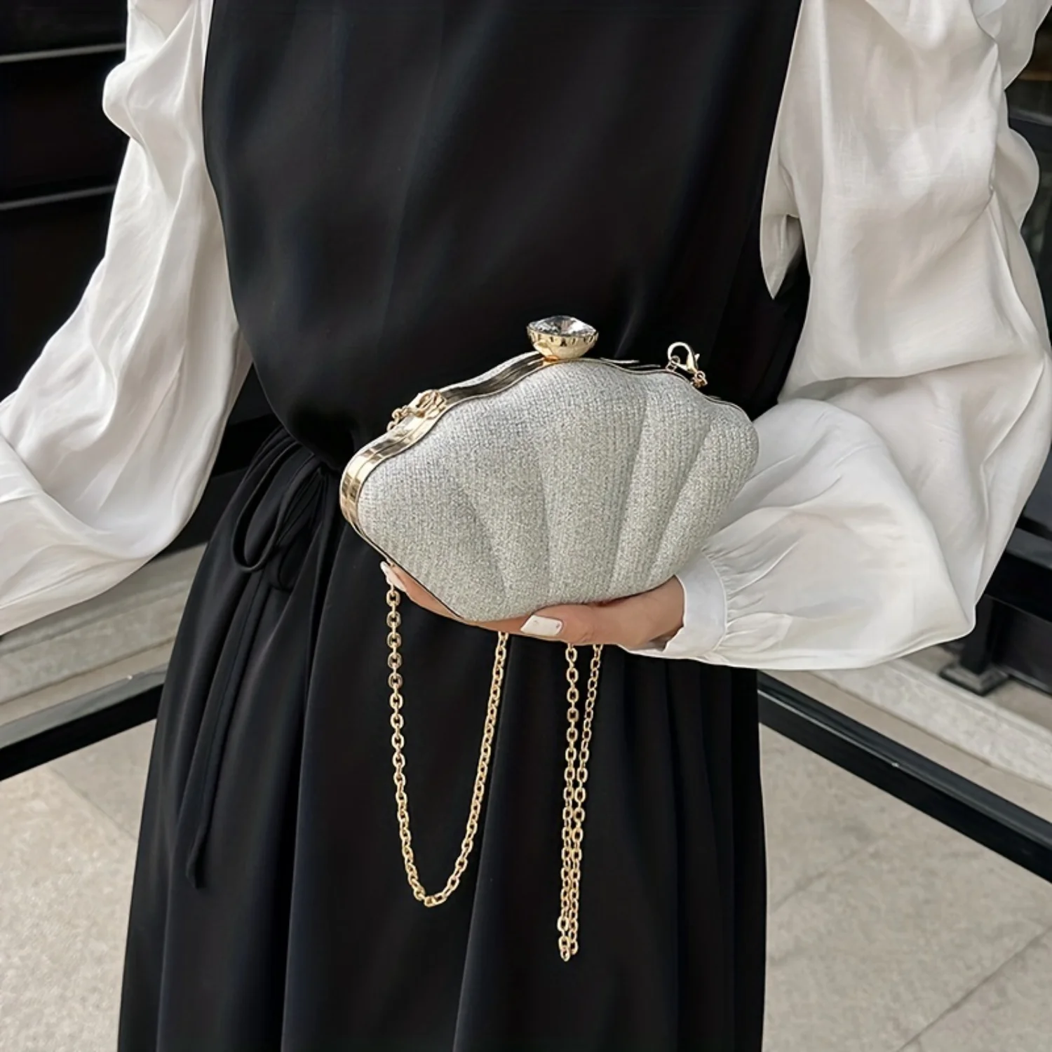Rhinestone Shell Evening Bag for Women, Chain Crossbody Wedding Prom Party Festivals