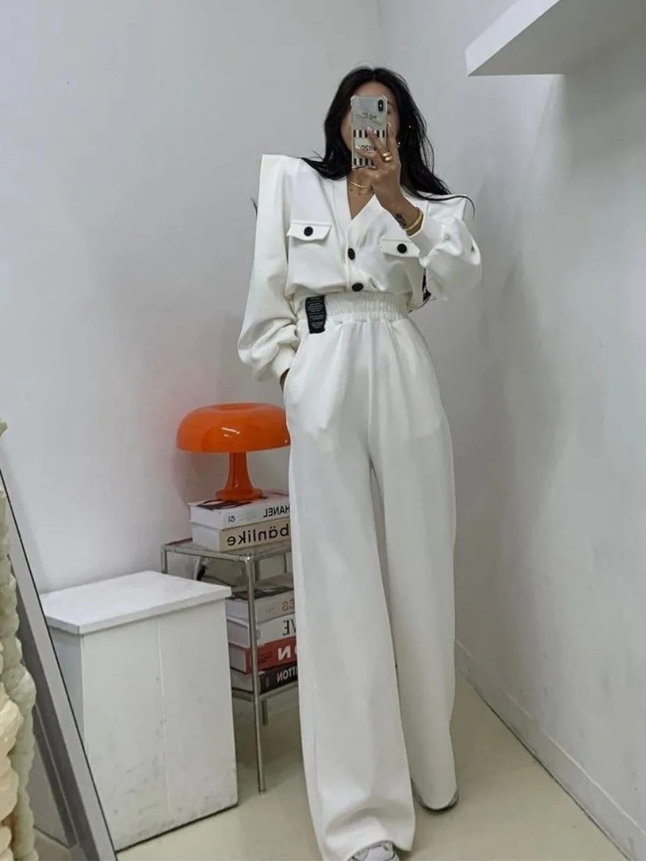 Women's Casual Style Button up Shirt with Shoulder Pads High Waist Loose Straight Leg Pants Two Piece Set Elastic Waist Label