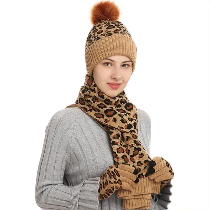 31BF Women Winter 3Pcs Beanie Hat Long Scarf for Touch Screen Gloves Set Leopard Thick Plush Lined Knit Cuffed Skull C