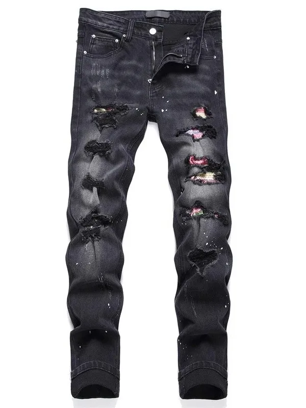 ファッショナブルでトレンディなメンズスリムフィットデニムジーンズ、リペアパッチ付き、伸縮性のあるカジュアルロングパンツ、ブラックホールデザイン、若者向け