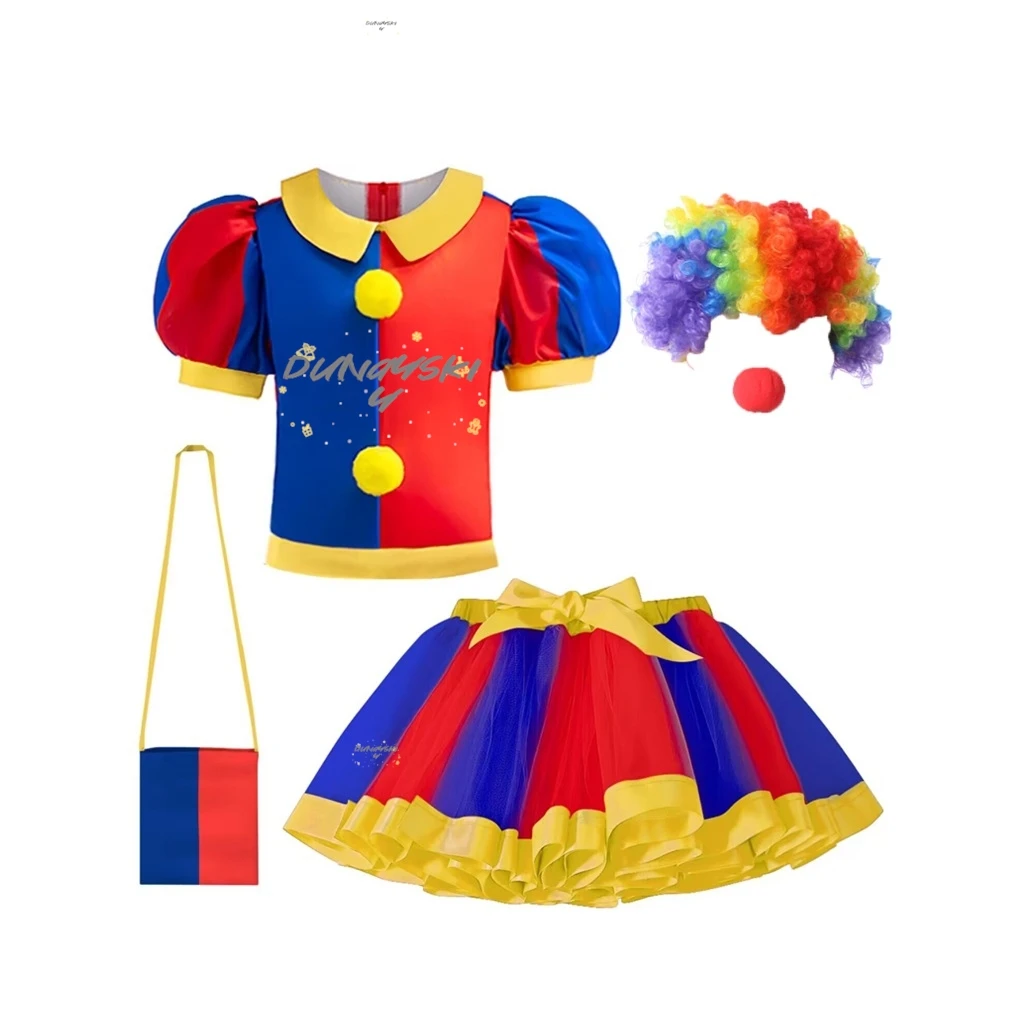 The Amazing Pomni Kinder Cosplay Kostüm Mädchen Prinzessin Digital Top + Tutu Rock + Tasche Kinder Halloween Karneval Sommerkleid