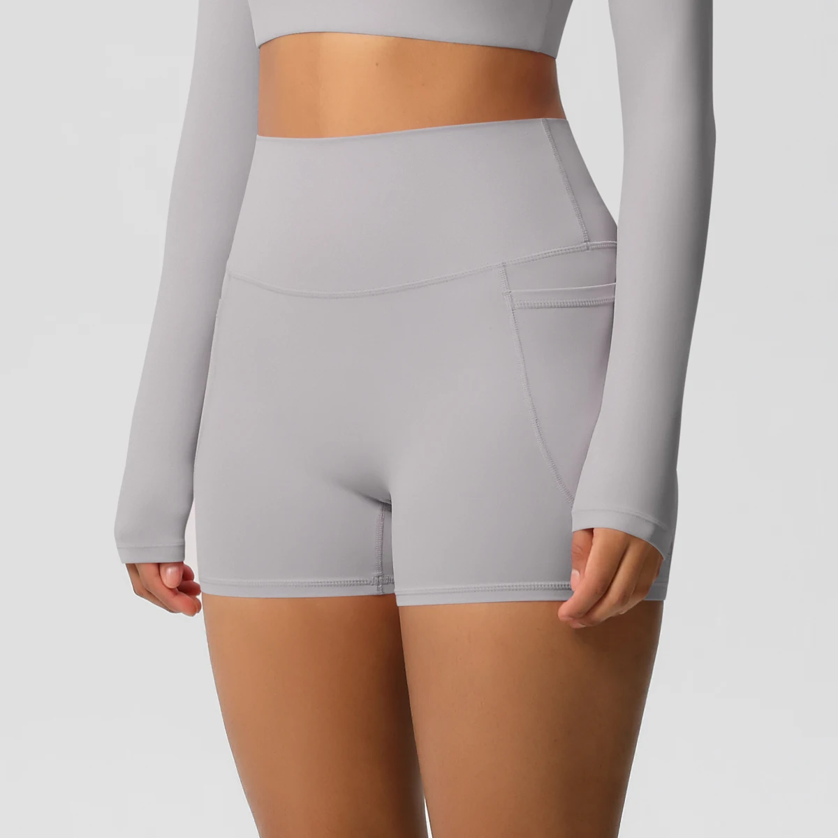 Einfarbige Yogahose mit Taschen, schnell trocknend, hohe Taille, für Fitnessstudio, Push-Up-Yoga-Shorts für Damen, atmungsaktiv, Workout, Fitness, kurz – Detail 31