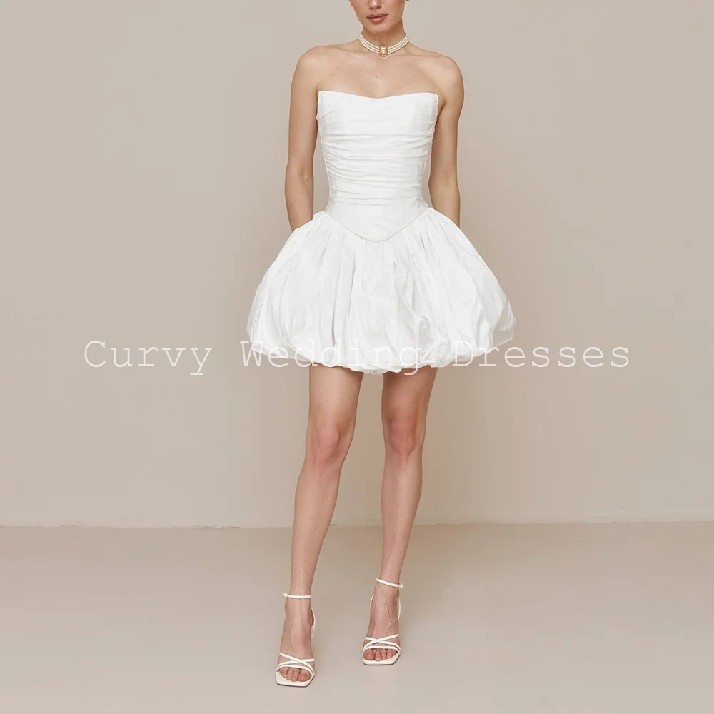 Curvy Elegant Strapless Ruched Satin Lace Up Back Short Puffy Wedding Dresses for Bridal Customized 2026