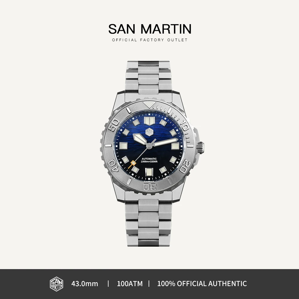 San Martin 1000m Deep Waterproof 43mm Men Diver Watch with Helium Escape Valve NH35 Automatic Mechanical Wave Enamel Dial SN0147