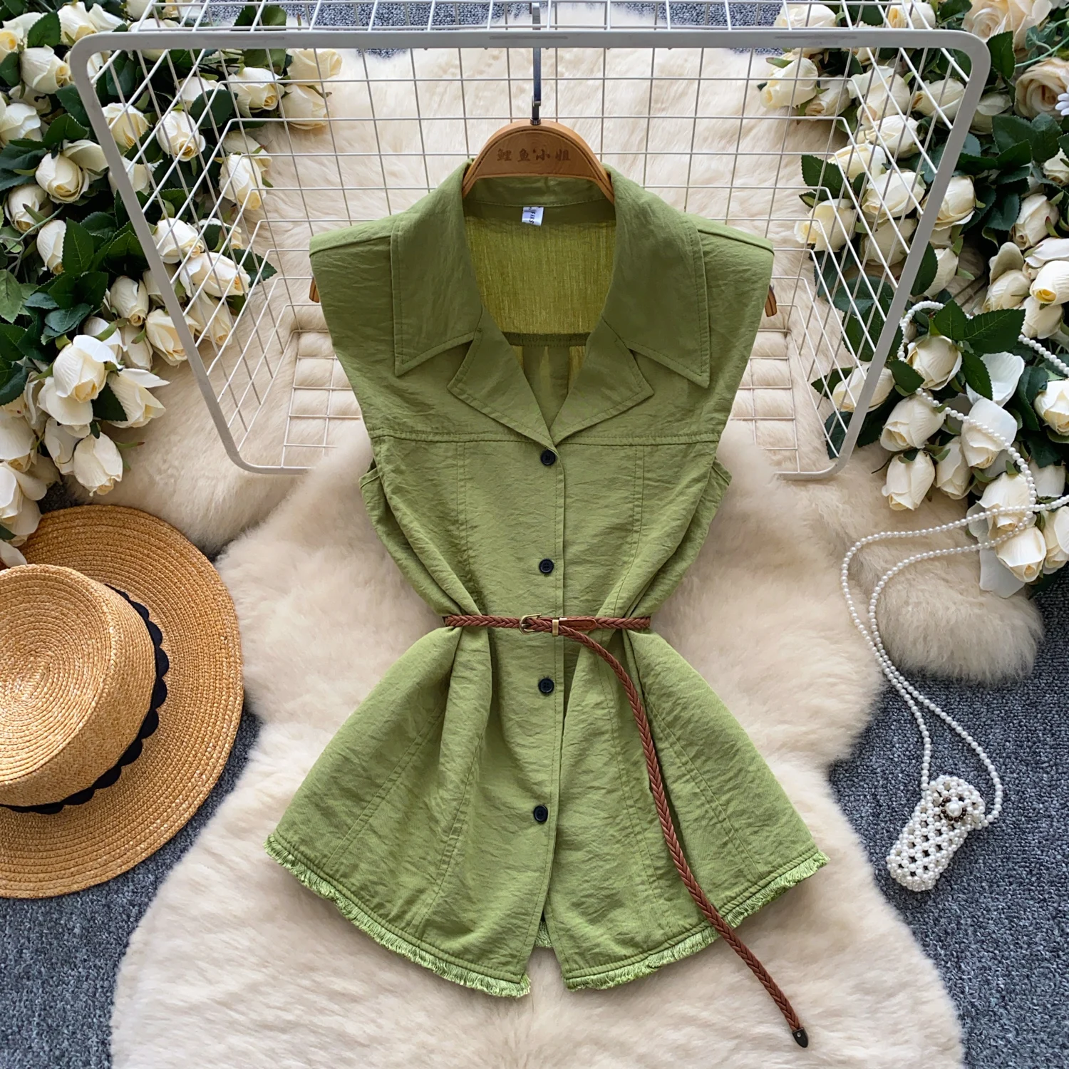 

French Vintage Elegant sleeveless Notched button Blouse Fashion Chic Top office lady Fairy Summer Women Shirt