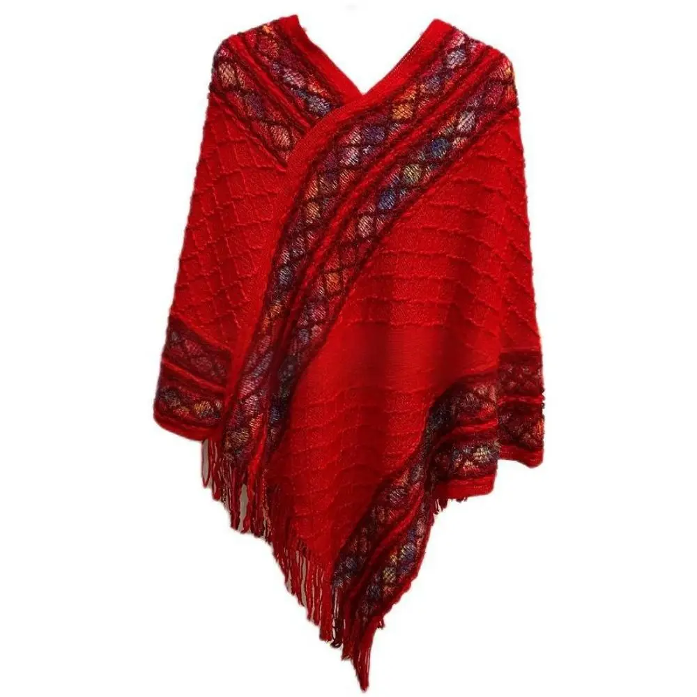 

Универсальный вязаный пуловер в этническом стиле, шаль, зимняя теплая элегантная монгольская пончо, вязаная накидка для женщин