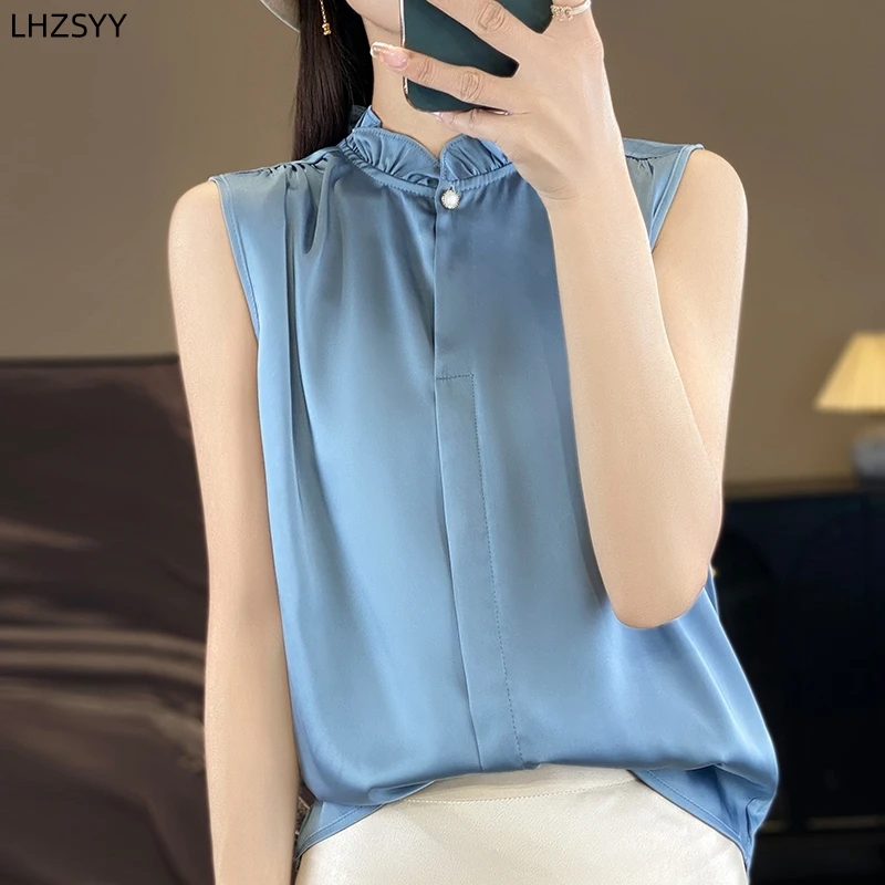 LHZSYY Women\'s Spring Summer New Fashion Vest Inside Fungus Collar Sleeveless Shirts Silk Satin Bottom Blouse Joker Thin Tops