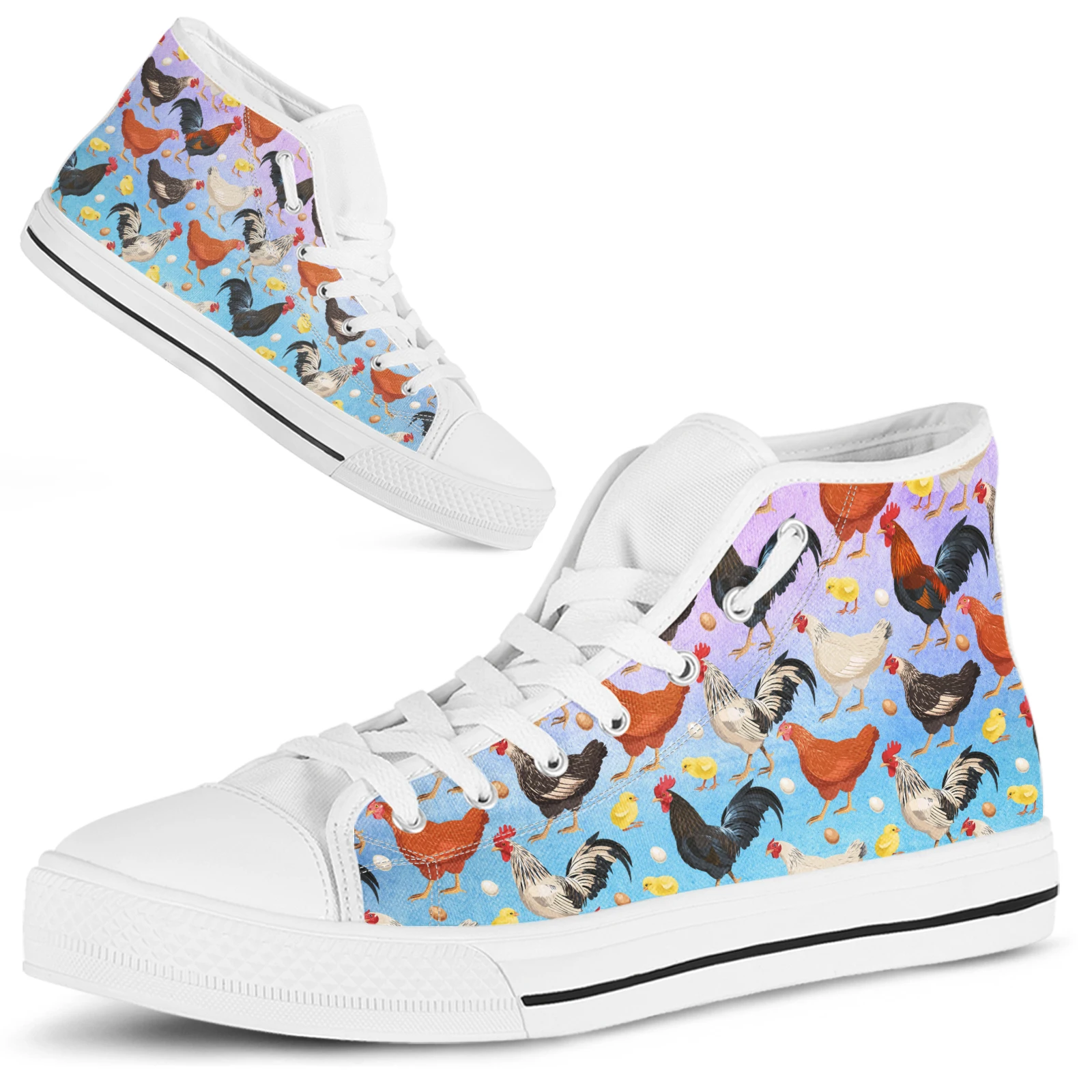 ELVISWORDS White Soft-soled Canvas Shoes Colorful Gradient Cartoon Rooster Hen Chick Designer Shoes Tenis Feminino Frete Gratis