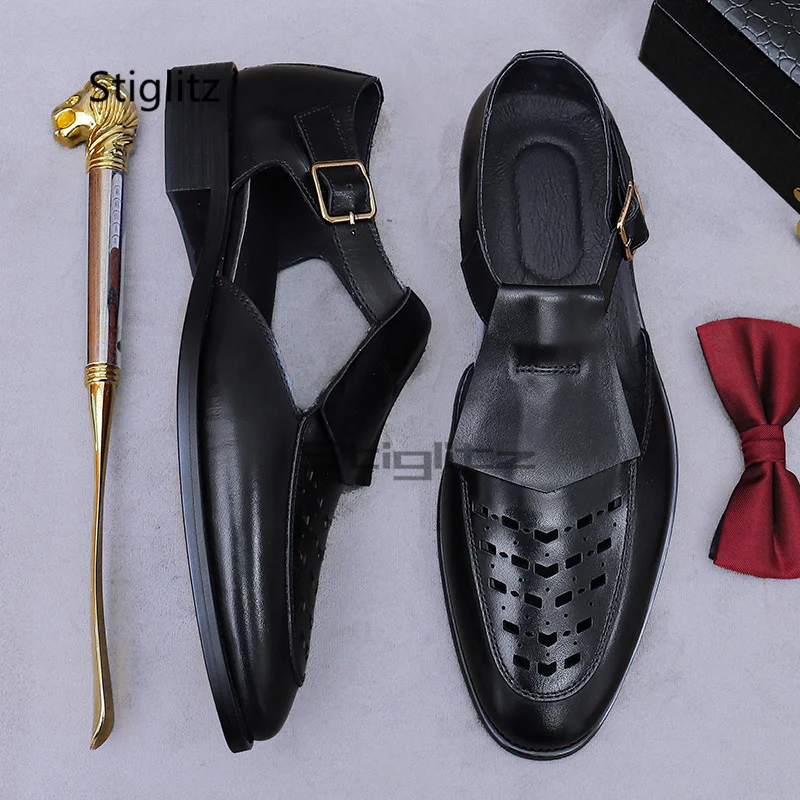 Men's Summer Hollow Leather Sandals Vintage Style Cowhide Business Dress Casual Shoes Black Brown Breathable Beach Shoes