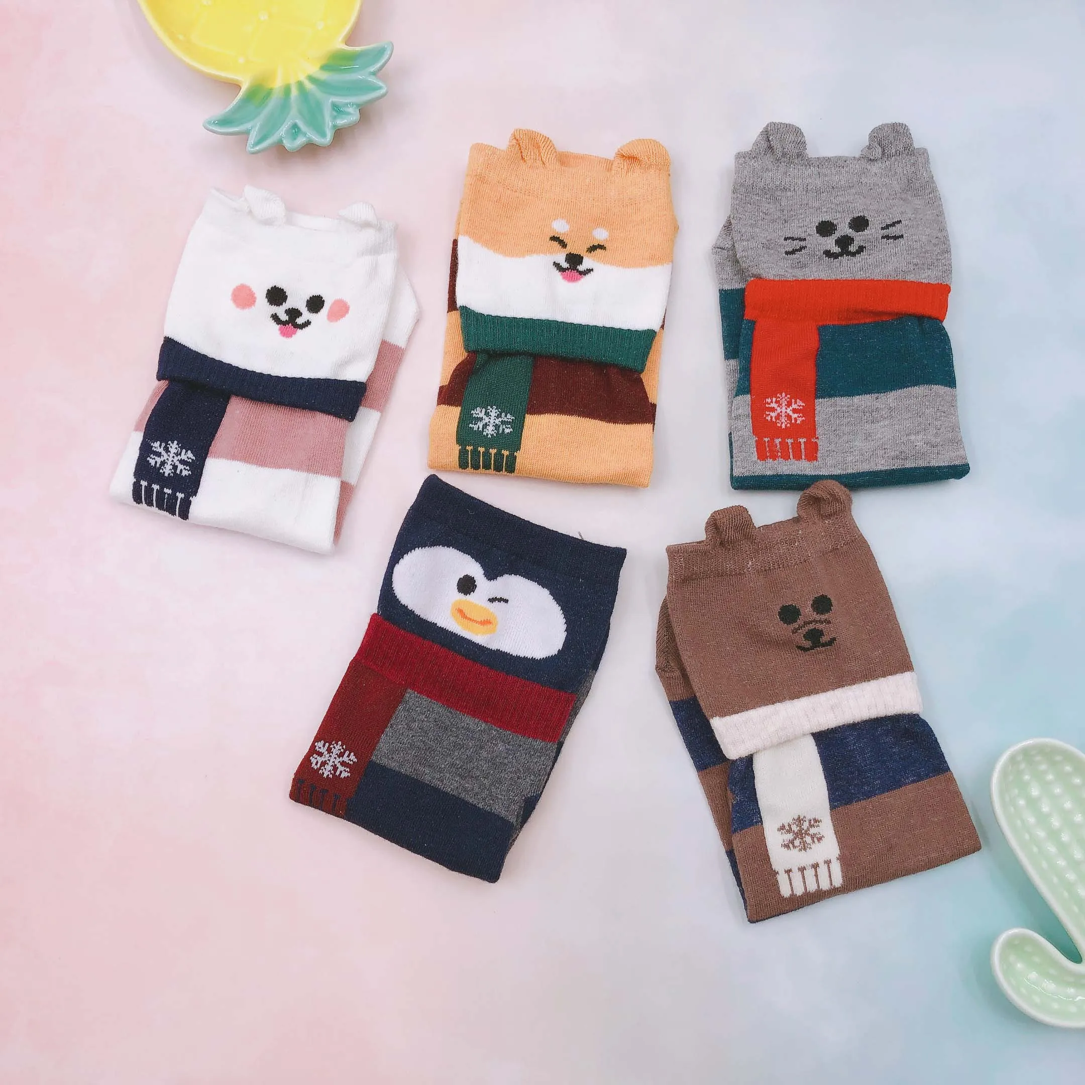 5 pairs lot pack women socks autumn winter Cartoon cute cotton Warm korean japanese style fashion ins funny happy scarf Kawaii