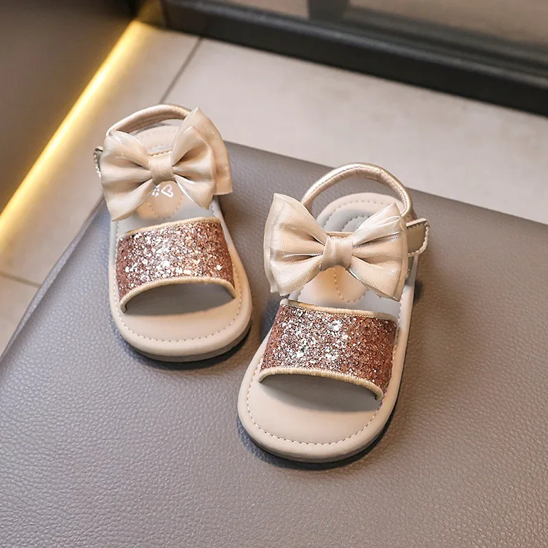 Summer New Girls Sandals Female Baby Open-toe Fashion Sequins Sandals Children Bow Soft Bottom Beach Shoes