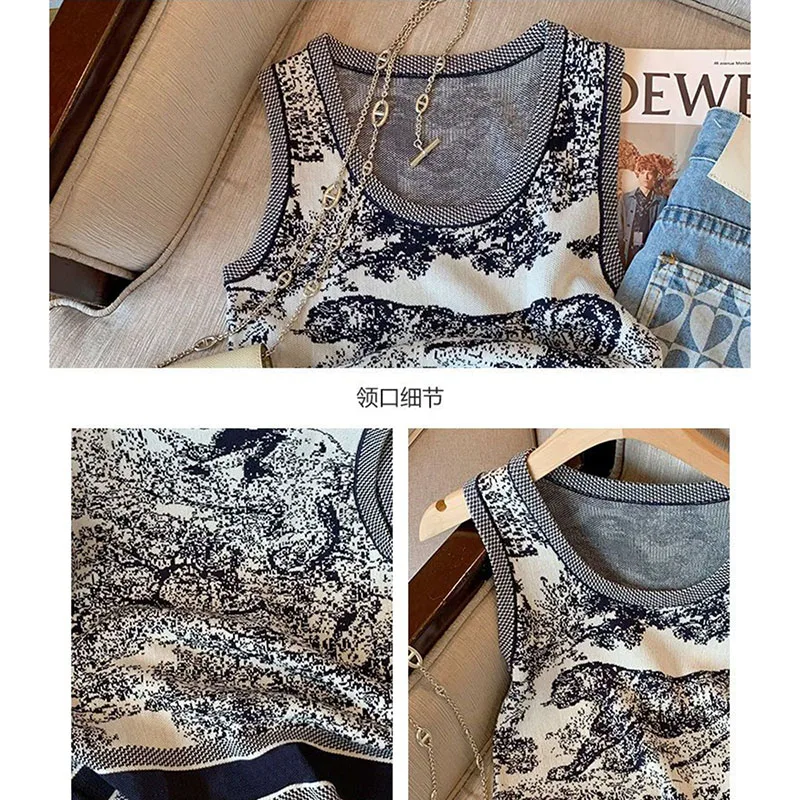 Unique Design Fashion Knitted Suspender Vest Women\'s New Retro Temperament Sleeveless Comfortable Printed Temperament ElegantTop