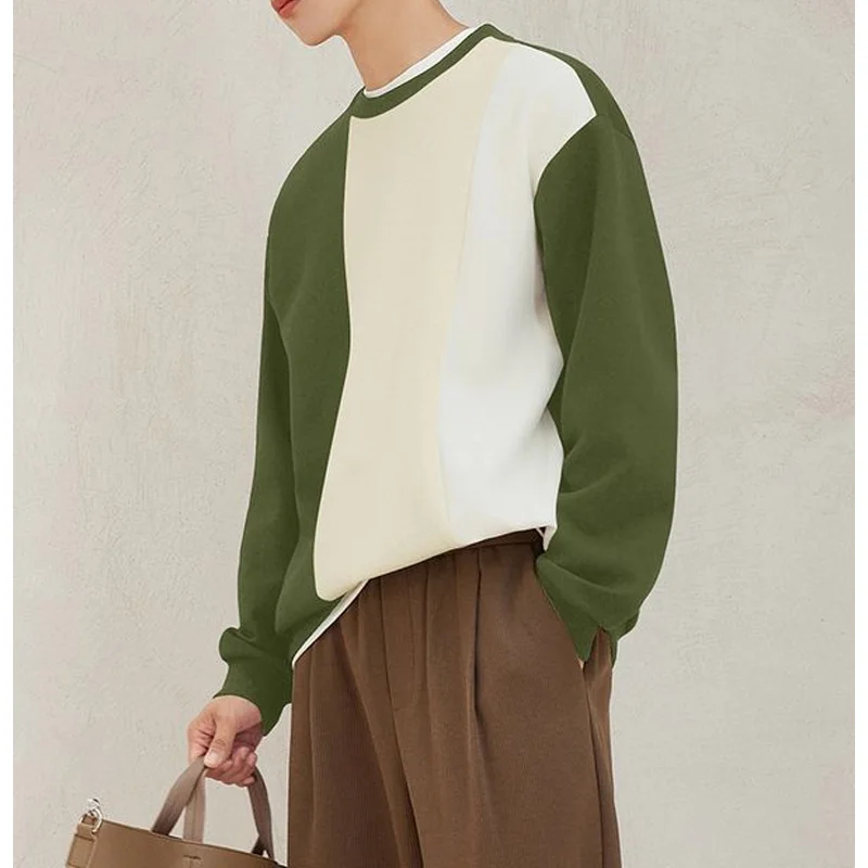 2024 New Spring and Autumn Leisure Fashion Vitality Age Reducing Round Neck Contrast Loose Oversize Pullover Sweater for Men