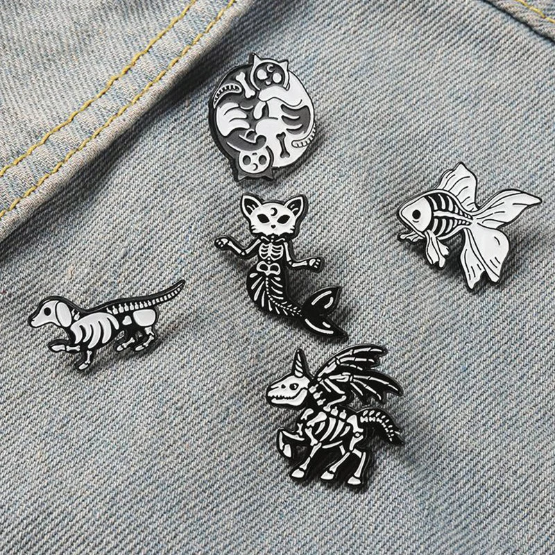 Witch Cat Mermaid Dinosaur Pin Goth Animals Lapel Pins Badges Punk Jewelry Yin Yang Cat Enamel Brooch Hugging Kitties