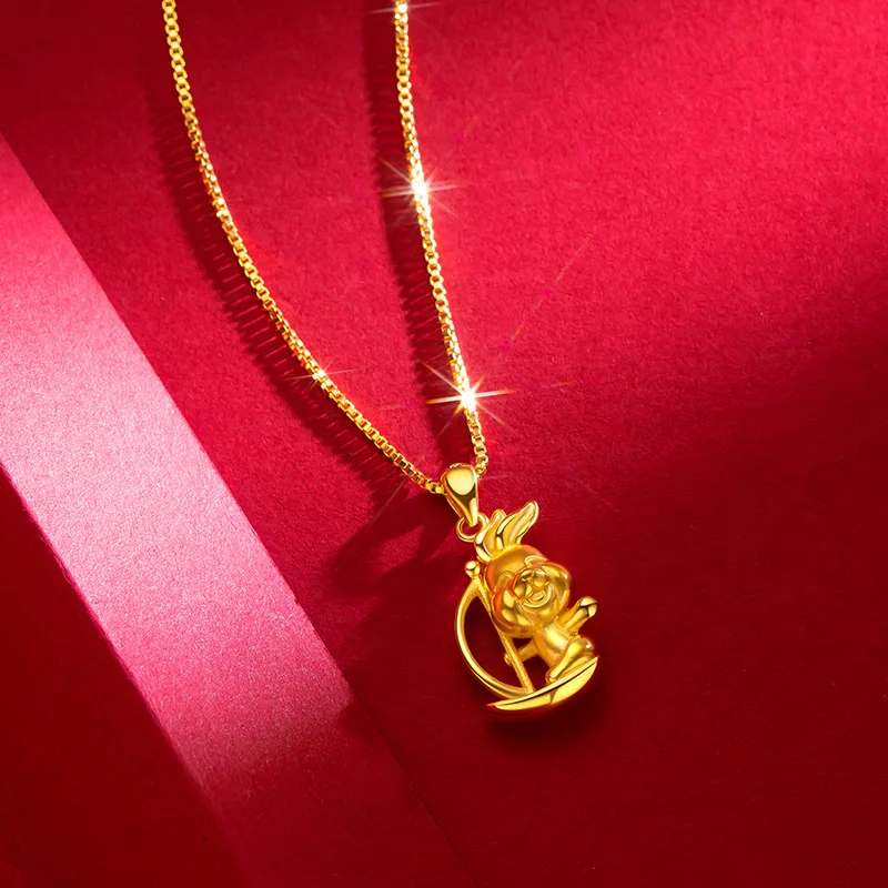 

9999 Real Gold 24K Cute Student Gold Version Little Sailboat Rabbit Necklace Fashionable Same Zodiac Rabbit Collarbone Chain