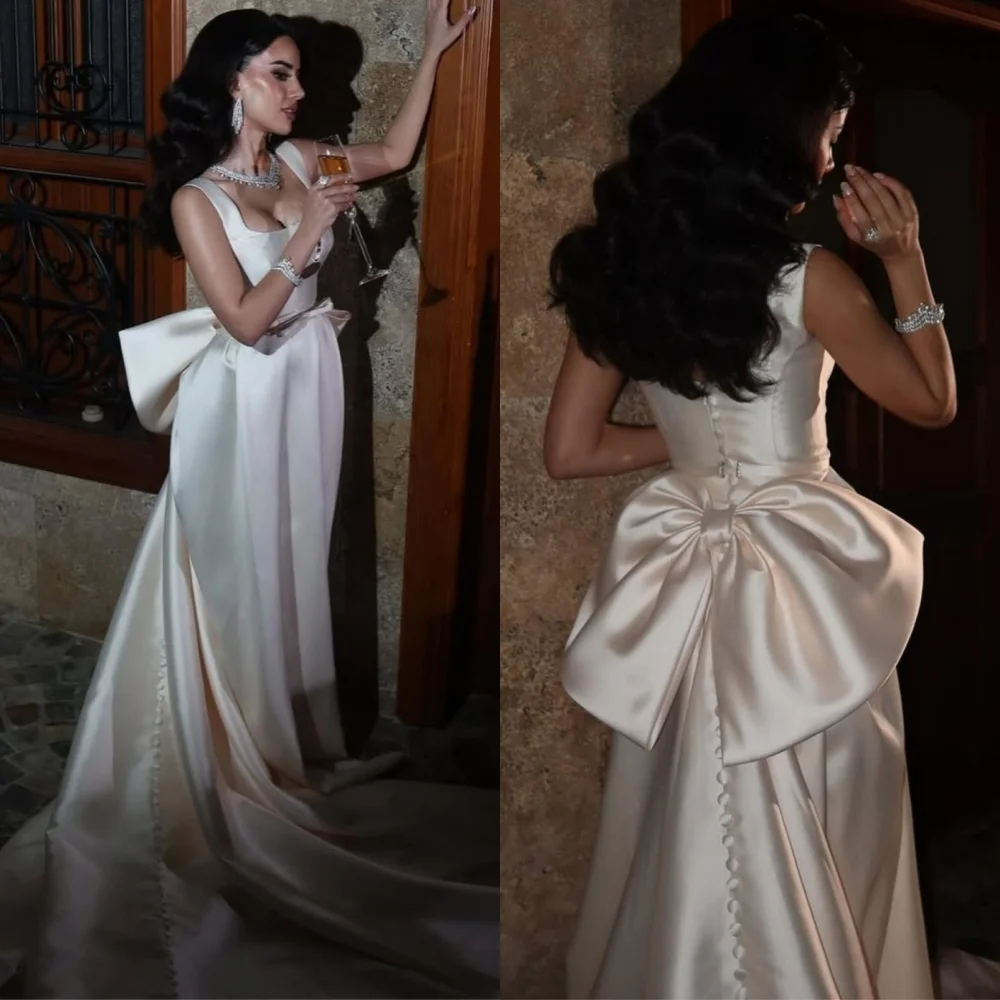 

Customized High Quality Charmeuse Bow Pleat A-line Square Neck Long Dresses Bespoke Occasion Exquisite