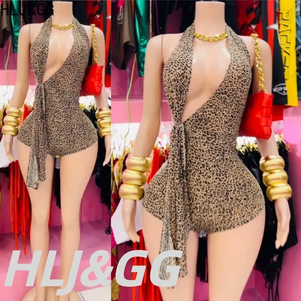 HLJ&GG Sexy Leopard Print Bodycon Romper for Women Deep V-neck Sleeveless Backless Romper Playsuit Club Streetwear Outfit New