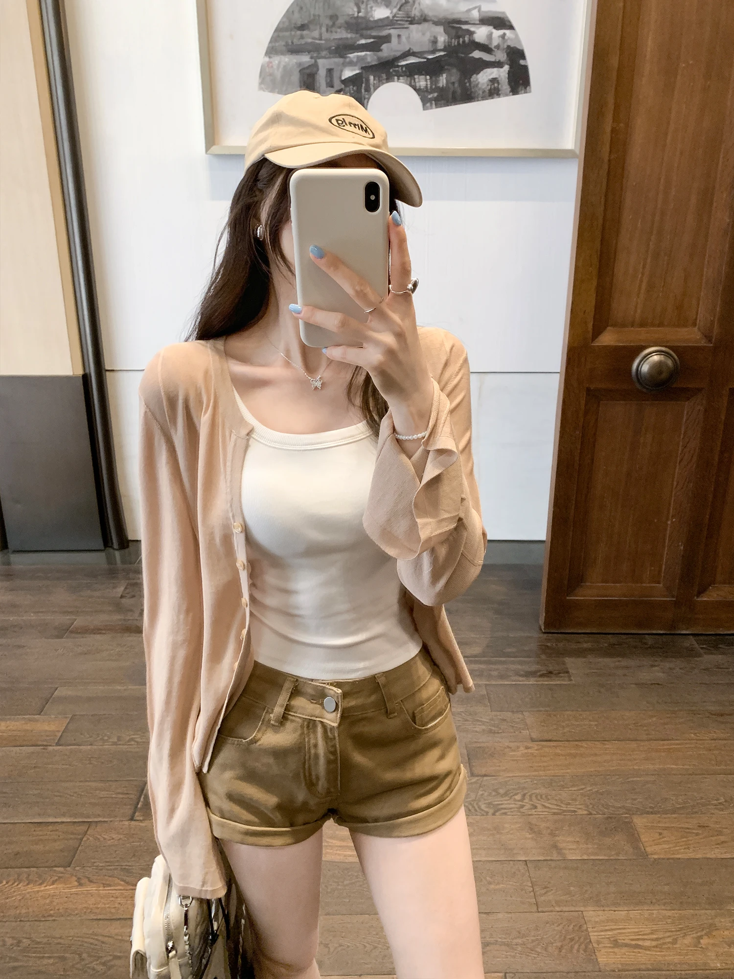 

Lacele Silk Long Sleeve Knitted Open Cardigan Women Summer with Strap Outer Sun Protection Light Thin Korean Style Loose Fit