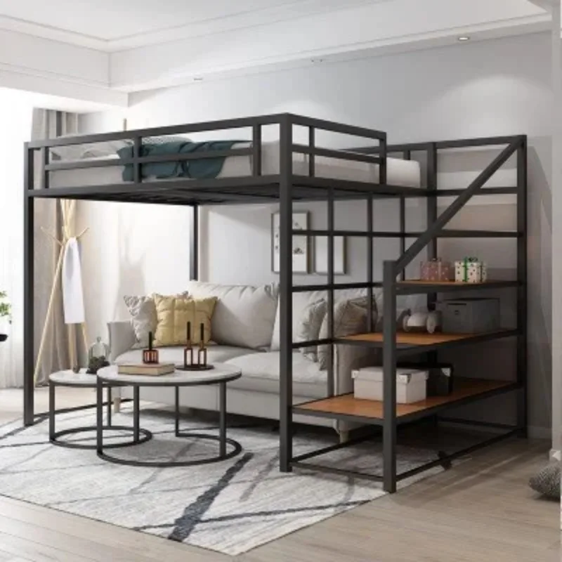 

Adult Modern Wrought Iron Elevated Bed Dorm Space-Saving Metal Bunk Bed Set with Ladder - Queen Size Quality Double Decker أسرّة